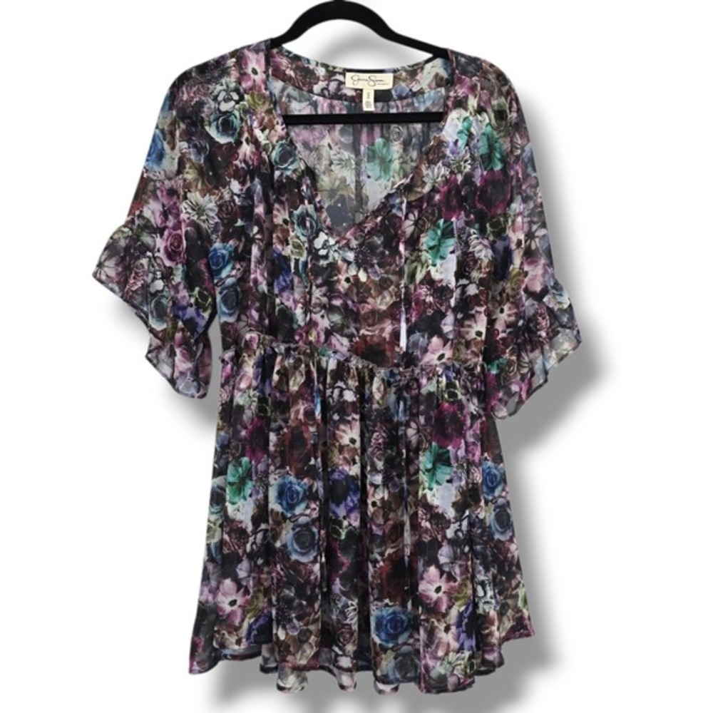 Jessica Simpson Maternity Sheer Floral Print Ruffle Sleeve Tunic Top Medium‎